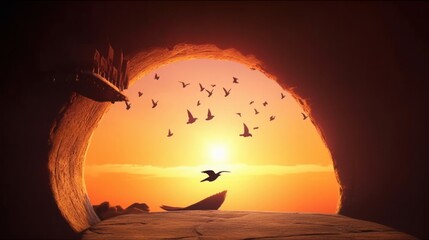 Easter and Good Friday concept, Silhouette of flying birds and broken chain in empty tomb on sunset, Generative AI