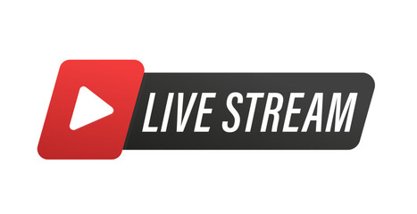 Live stream button. Live streaming flat logo - red vector design element with play button. Internet video conference icon. Live broadcast, online education. Internet broadcast. Vector illustration