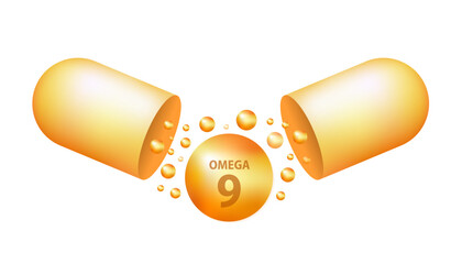 Golden drops of Omega nine. Polyunsaturated fatty acids Omega-9. Natural fish oil, organic vitamin, nutrients. Omega fatty acids. Vector realistic capsules. Vector illustration