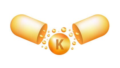 Vitamin K gold shining icon. Ascorbic acid. K Menaquinone pill capsule. 3D Yellow drug nutrition design. Essential vitamin complex. Healthy life concept. Shining capsule. Vector illustration