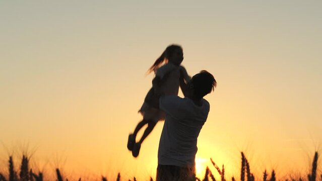 father playing with little child girl daughter kid sunset. flight the sky, child fun soars air, happy dad, daughter dad play together silhouette, wheat field sunset, happy family, summer sky flight