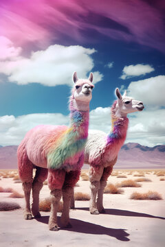 Abstract Art. Pink Llamas in the Desert. Generative AI