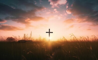 black cross religion symbol silhouette in grass over sunset sky background, Generative AI