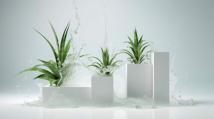 Product presentation podium with aloe vera plant, green leaves in water splash. Generative AI.