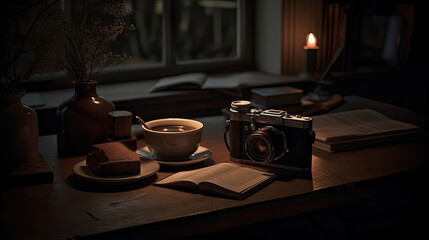 A laptop and a cup of coffee on a table at night