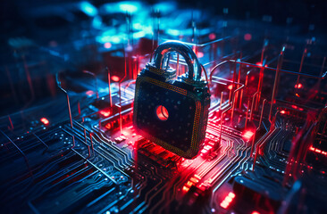a padlock on a circuit board with blue lights