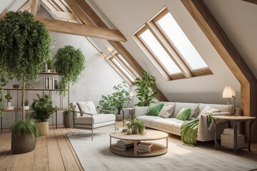 Modern cozy living room, eco interior design with beige colors and plants. Super photo realistic background, generative ai illustration
