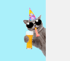Happy cat wearing party cap blows in party hornand looks from behind empty white banner and holds...