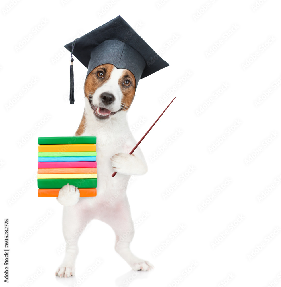 Poster graduated dog holding books and pointing away on empty space. isolated on white background