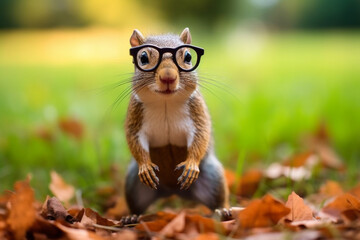 A fuzzy squirrel with oversized glasses, peering curiously at an acorn Generative AI