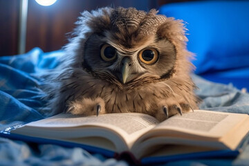 A fluffy owl with rectangular glasses, immersed in a bedtime storybook Generative AI
