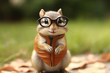 A tiny chipmunk wearing cat-eye glasses, nibbling on a mini pair of nuts Generative AI