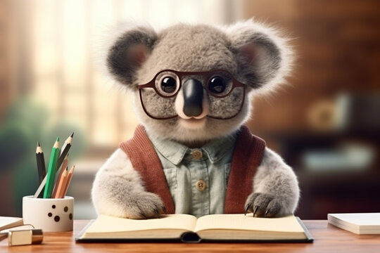 A cute koala with round spectacles, drawing on a tiny sketchpad Generative AI
