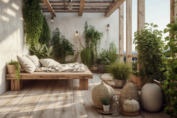 Modern cozy wooden terrace, eco interior design with beige colors and plants. Super photo realistic background, generative ai illustration