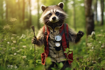 A charming raccoon sporting circular glasses, exploring a forest with a compass Generative AI