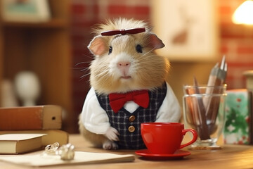 A cute guinea pig with heart-shaped glasses, enjoying a cup of tea in a miniature teacup Generative AI
