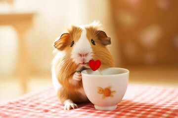 A cute guinea pig with heart-shaped glasses, enjoying a cup of tea in a miniature teacup Generative AI