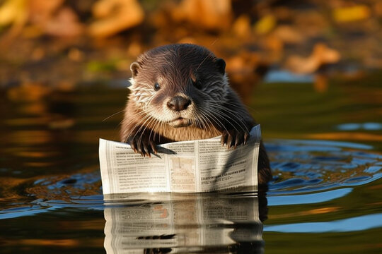 A tiny otter wearing rectangular glasses, floating on its back and reading a newspaper Generative AI