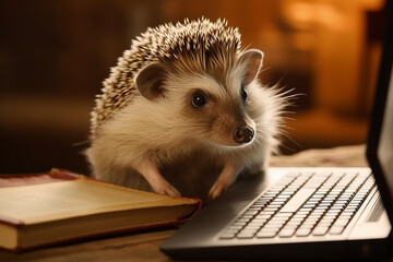A small hedgehog with square-framed glasses, engrossed in a tiny laptop screen Generative AI