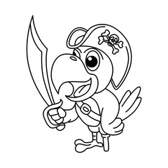 Funny pirates parrot cartoon characters vector illustration. For kids coloring book.