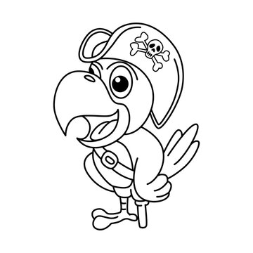Funny pirates parrot cartoon characters vector illustration. For kids coloring book.