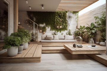 Modern cozy wooden terrace, eco interior design with beige colors and plants. Super photo realistic background, generative ai illustration