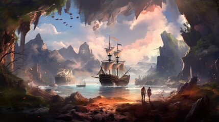 Fototapeta premium Game art piece that depicts a pivotal moment in the middle of an epic journey
