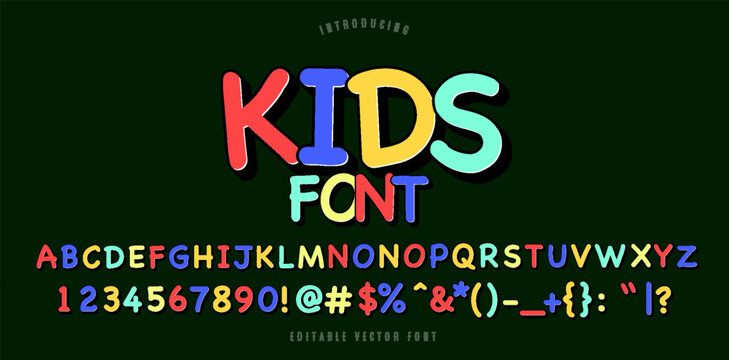 Cartoon colorful font for kids. Creative paint ABC letters and numbers. Bright glossy alphabet. Paper cut out. For posters, banners, birthday cards. Vector