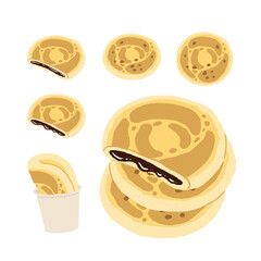 Korean Street Food, HOTTEOK, Syrup filled pancake. hand drawn illustration, isolated on white background