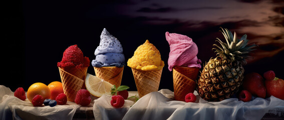 Fruity Delights: Colorful Ice Cream Cones with Fresh Fruits and Zesty Lemon, Generative AI