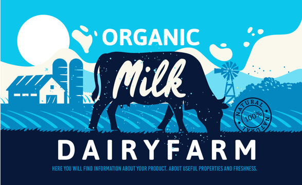 Rural landscape with cow and milk. Farmland dairy farm