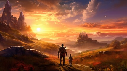 Obraz premium Game art piece that depicts a pivotal moment in the middle of an epic journey
