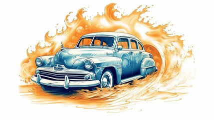 Drawing of a vintage car on fire Generative AI