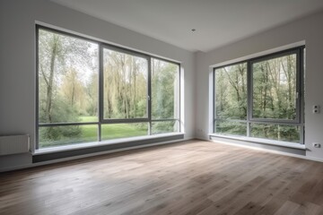 Empty room with large windows overlooking the forest. Generative AI