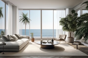 The interior of the apartment overlooking the sea. Generative AI