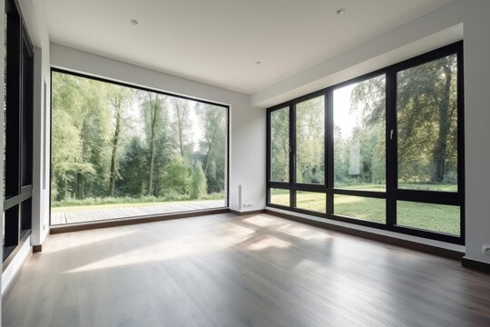 Empty room with large windows. Generative AI