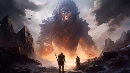 Obraz premium Game art piece that depicts a pivotal moment in the middle of an epic journey