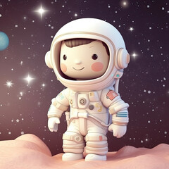 An illustration of a cute, adorable white cartoon astronaut walking on a planet surrounded by shining stars