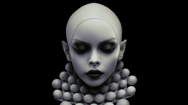Contemporary female alien portrait in face art style, dark and white complexion, close-up with china balloon decorations. Theatrical art of model make-up. Created with AI