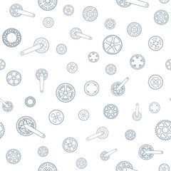 Seamless pattern of bicycle gears and cranks. Print of elements of a bike transmission in a linear doodle style. Continuing vector background isolated on white