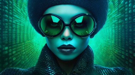 Modern portrait of a caucasian woman in green sunglasses, turquoise model face. Fashion glasses design concept. Created with AI