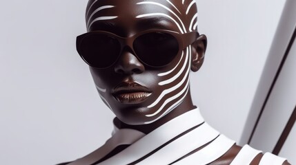 Modern afro woman portrait in brown sunglasses, chocolate color model face. Fashion glasses design concept. Created with AI