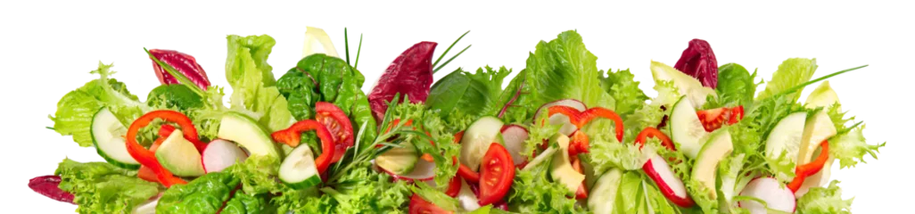 Fototapeten Mixed Salad with Vegetables and Avocado - Fresh Lettuce Panorama Transparent PNG Background © ExQuisine