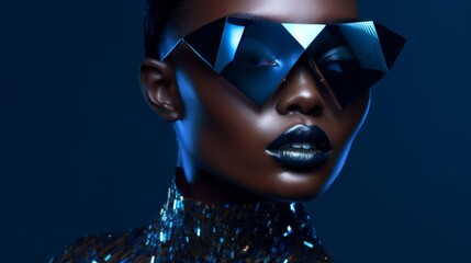 Modern afro woman portrait in blue sunglasses, dark complexion, close-up with jewelry. Fashion glasses design concept. Created with AI
