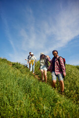 Group of friends, young people walking in meadow, going down the hill on warm, sunny day. Men giving helping hand to women. Concept of active lifestyle, nature, sport and hobby, friendship