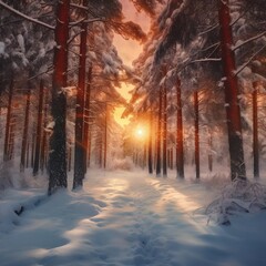 Fototapeta na wymiar Winter Glow Snow Covered Pine Trees. Generative AI