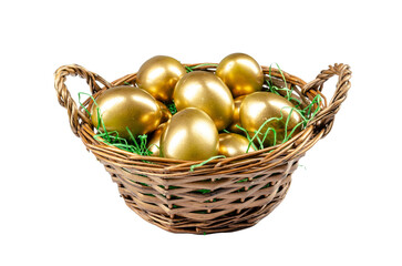 Fototapeta na wymiar golden easter eggs in a basket on transparent background PNG file