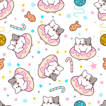 Vector seamless pattern with cute cats in donuts in the style of kawaii. Sweet cats, balls of thread and fish crackers. Ideal for textiles, fabrics, packaging, wrapping paper