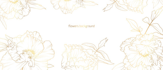 Golden floral border frame card template. Gold line peony flower for bunner, wedding card. Rectangle corners sides decoration. - 605295919