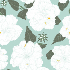 White hibiscus flowers on blue background. Spring flowers floral  seamless pattern.  Vector vintage illustration for wrapping, fabric, fashion, paper, textile. - 605295941